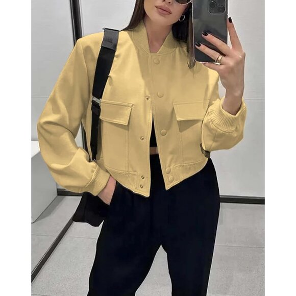 Women Yellow Cropped Bomber Jacket Button Down Varsity Shacket with Pockets - Picture 3 of 6